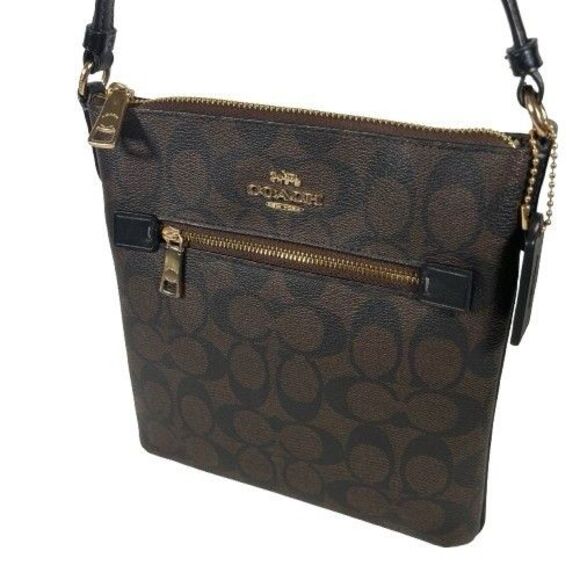 Coach Mini Rowan File Bag Crossbody Purse Signature Canvas Brown Black CF340 - Picture 3 of 16